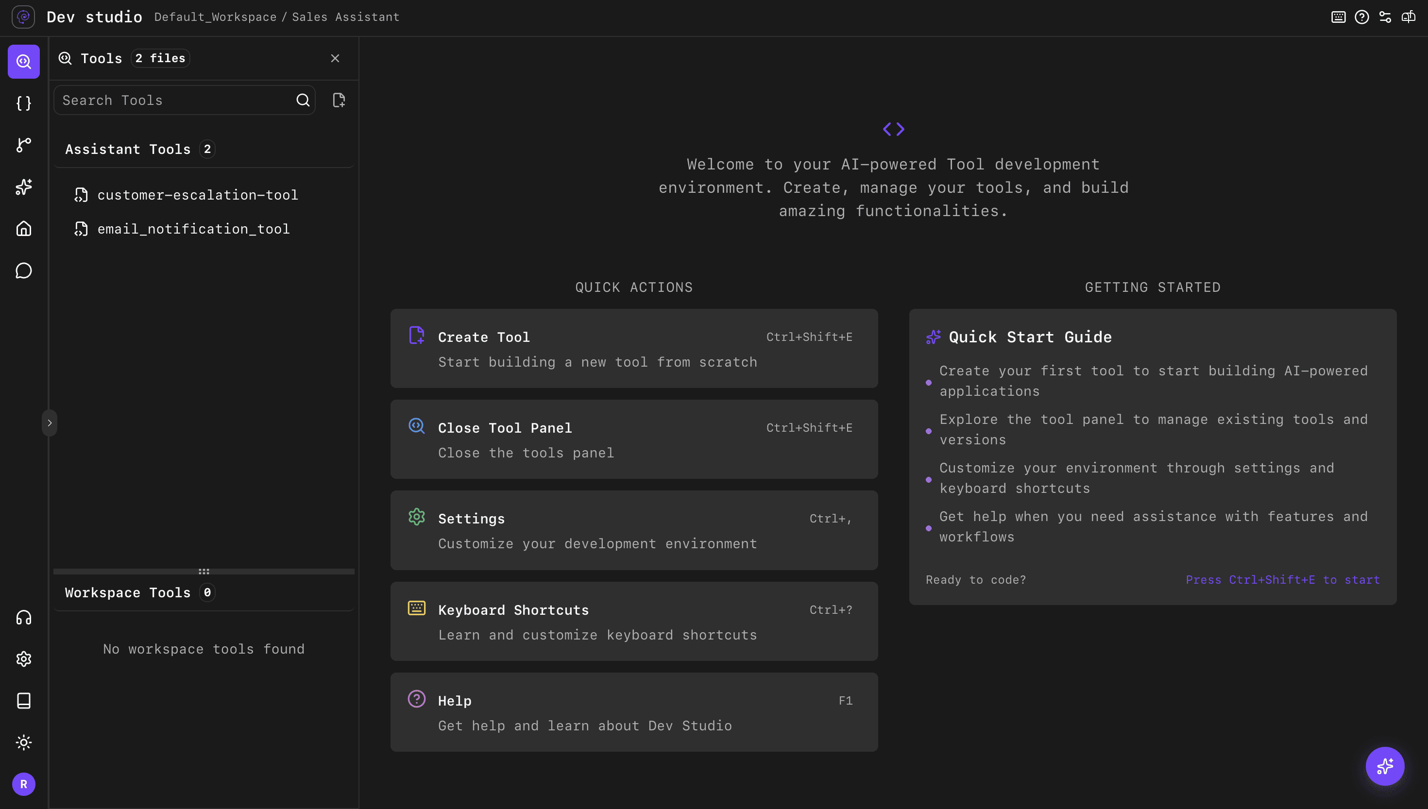 Dark-themed developer IDE showing AI workflow code editor, backend integrations, and execution logs